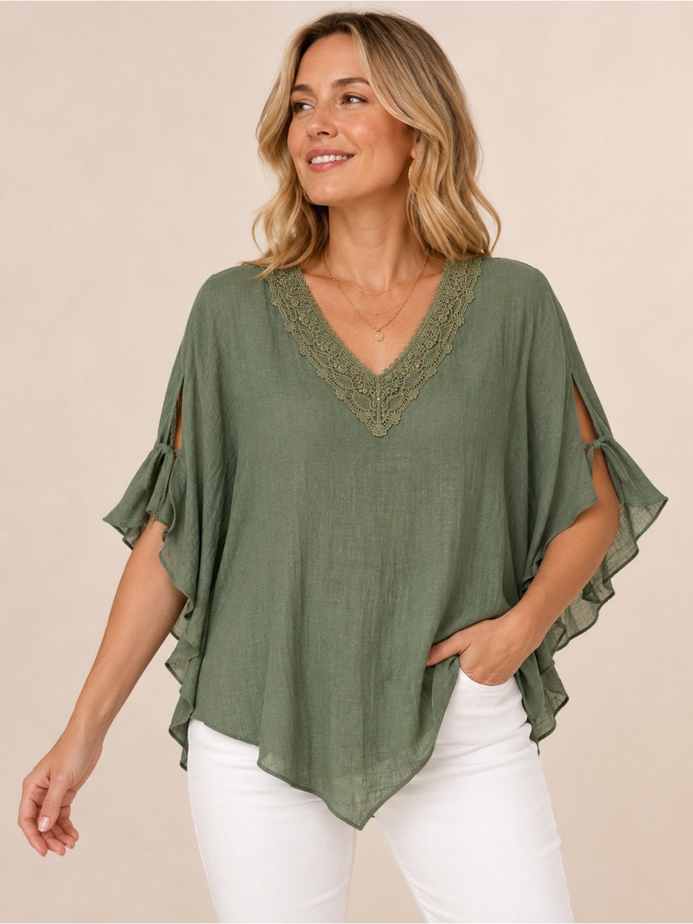 JM Collection Olive V-Neck Lace-Trim Flutter Sleeve Tunic